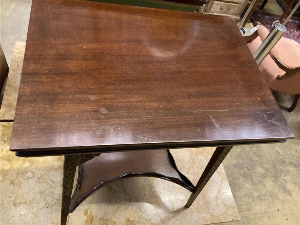 A late Victorian mahogany blind fret folding tea table, width 50cm, depth 38cm, height 65cm